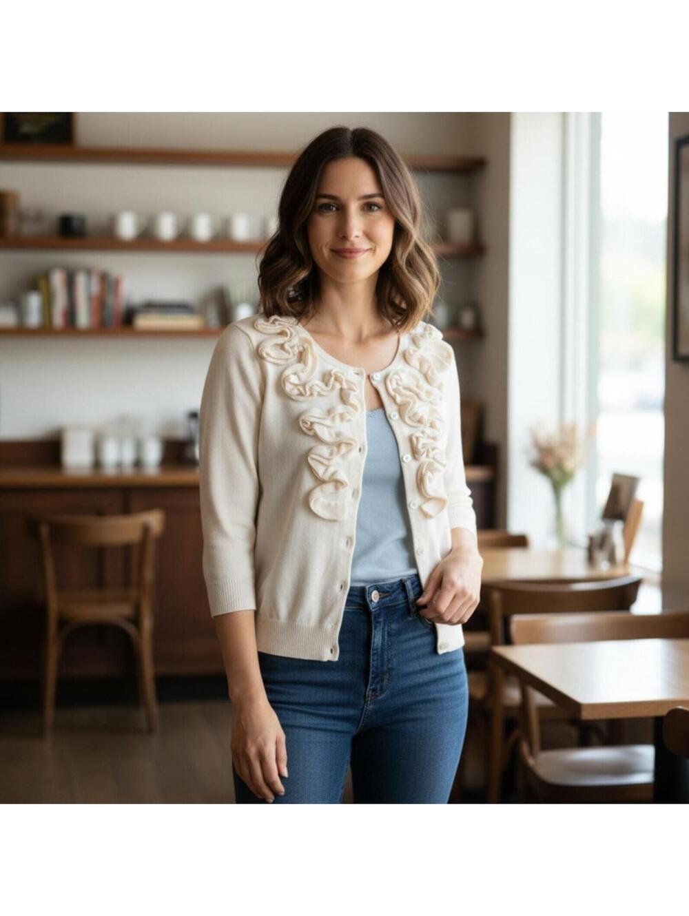 Sweaterworks Cream Cottagecore Button Up Cardigan Sweater Knit Small Coquette